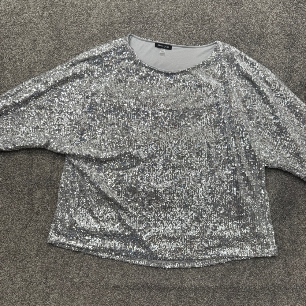 Cable & Gauge Silver Sequin Dolman Sleeve Top Plus Size 3X Sparkly Party Blouse